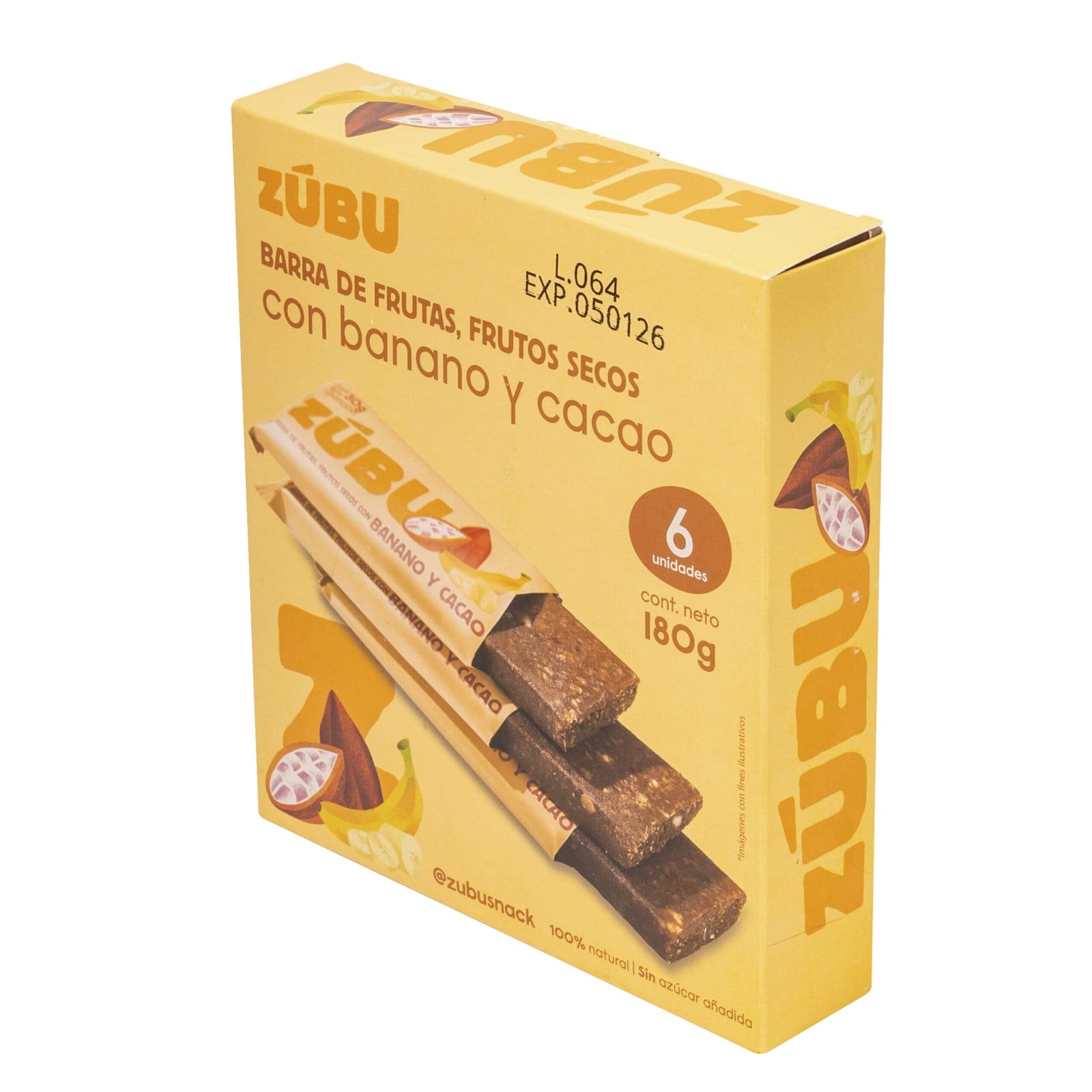 Caja de barritas de frutas y frutos secos con arveja, chocolate 70% y coco, de 180 g, que contiene 6 unidades. El envase amarillo presenta imágenes de las barritas y la fruta.