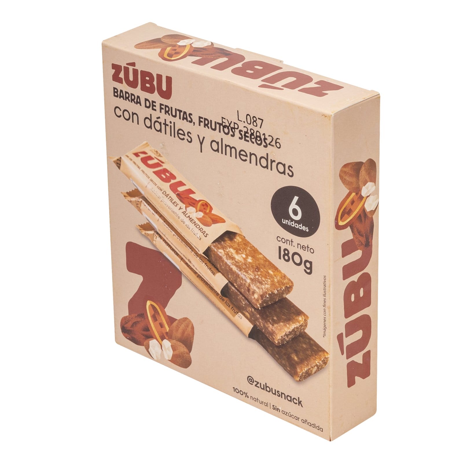 Caja de barritas ZUBU etiquetadas como con arveja, chocolate 70% y coco, conteniendo 6 unidades con un peso neto de 180g.