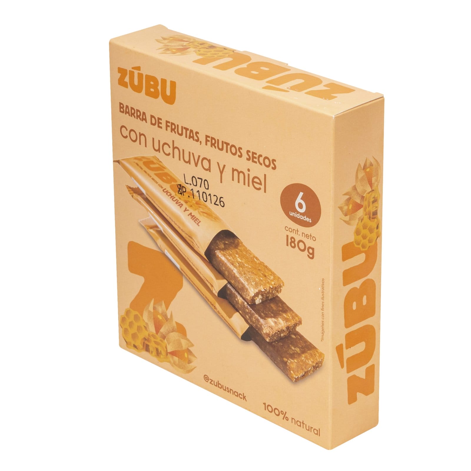 Una caja de barritas de frutas y frutos secos Zúbu con arveja, chocolate 70% y coco. El envase de color tostado presenta imágenes de las barritas, la arveja y el coco. Peso neto: 180 g, contiene 6 barritas.