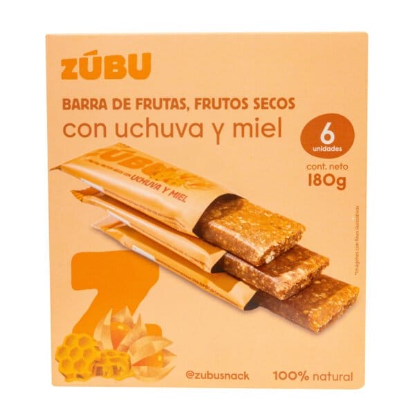 Caja de barritas Zubu de frutas y frutos secos con arveja, chocolate 70% y coco, conteniendo 6 unidades (peso neto 180g), con una imagen de las barritas en el anverso.