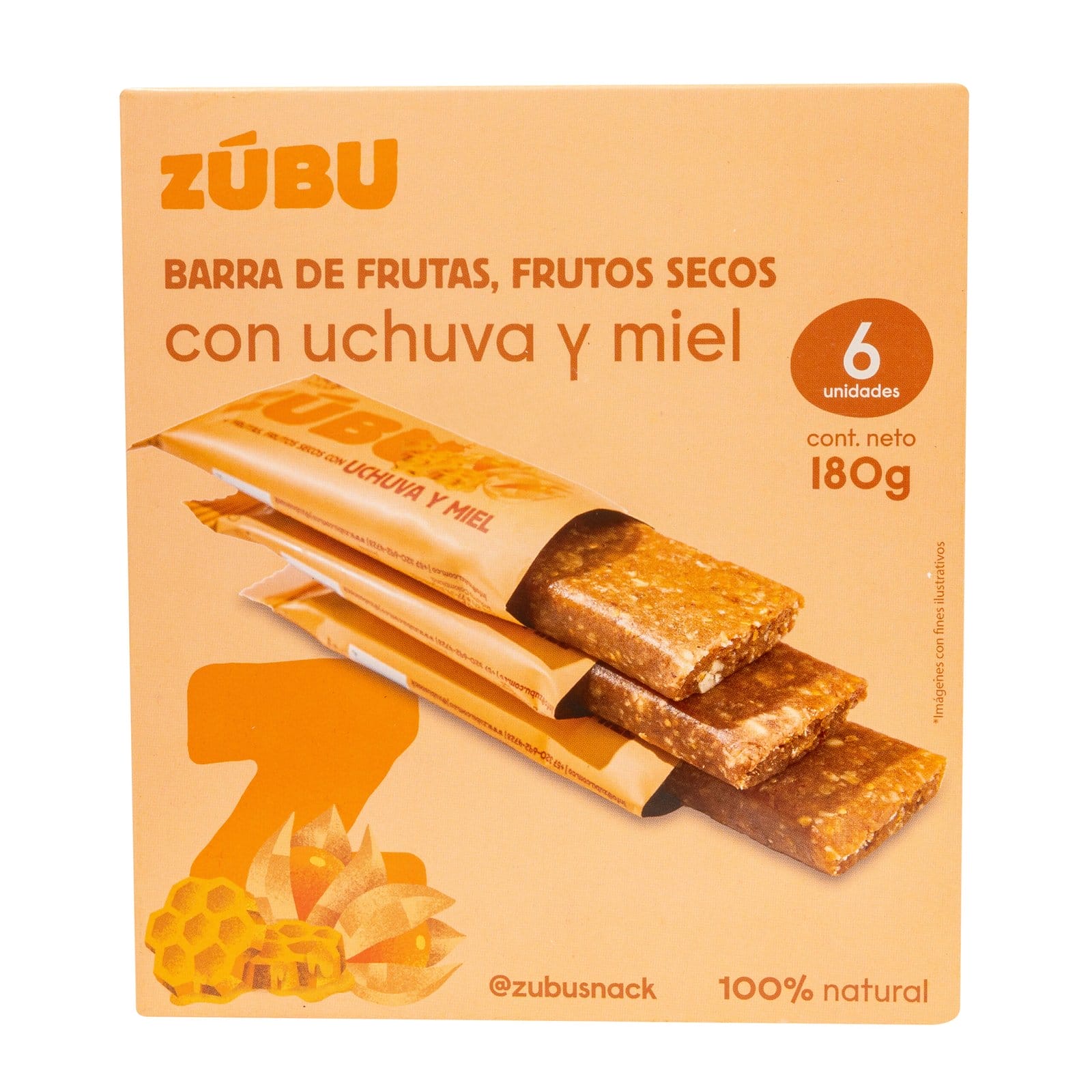 Caja de barritas Zubu de frutas y frutos secos con arveja, chocolate 70% y coco, conteniendo 6 unidades (peso neto 180g), con una imagen de las barritas en el anverso.