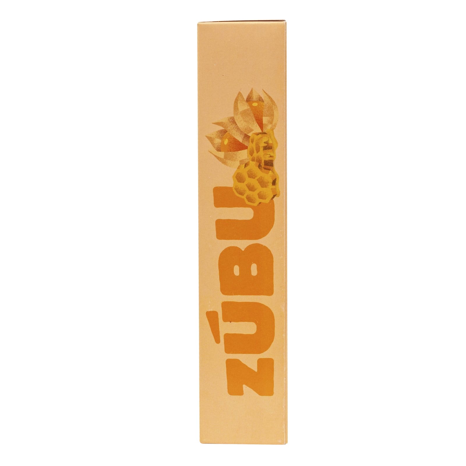 Caja rectangular en posición vertical con "con arveja, chocolate 70% y coco" y una ilustración de piña y coco impresa en amarillo en el lateral.