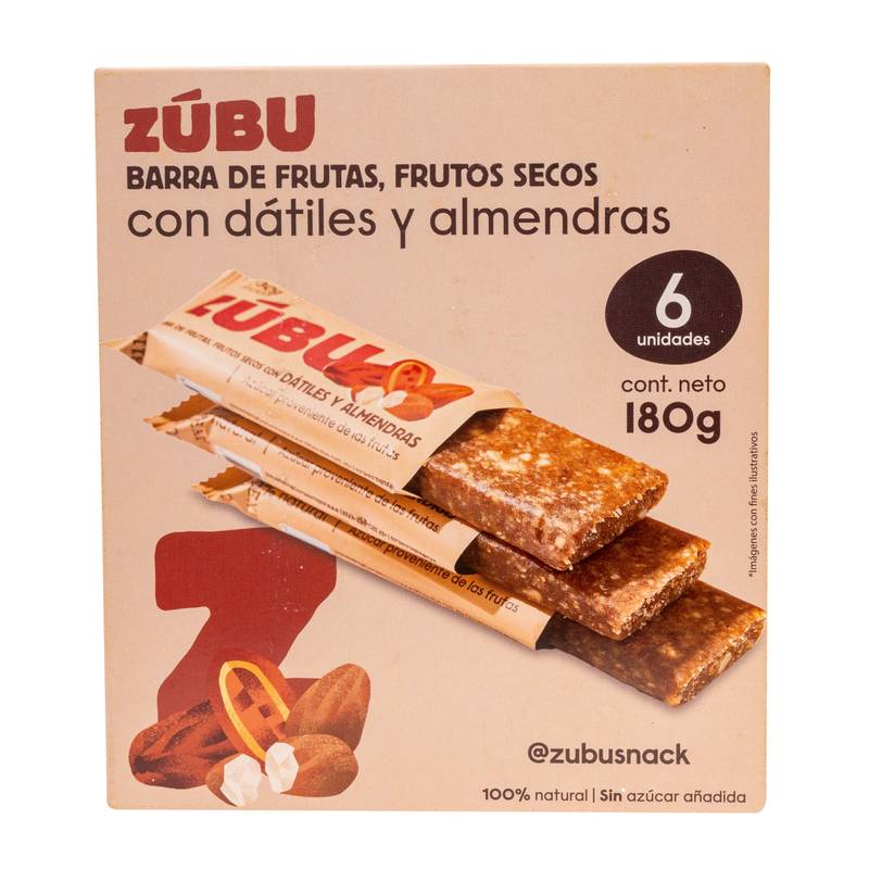 Caja de barritas Zúbu con arveja, chocolate 70% y coco, con tres barritas y detalles del producto en español; contiene seis barritas, peso neto 180 g.