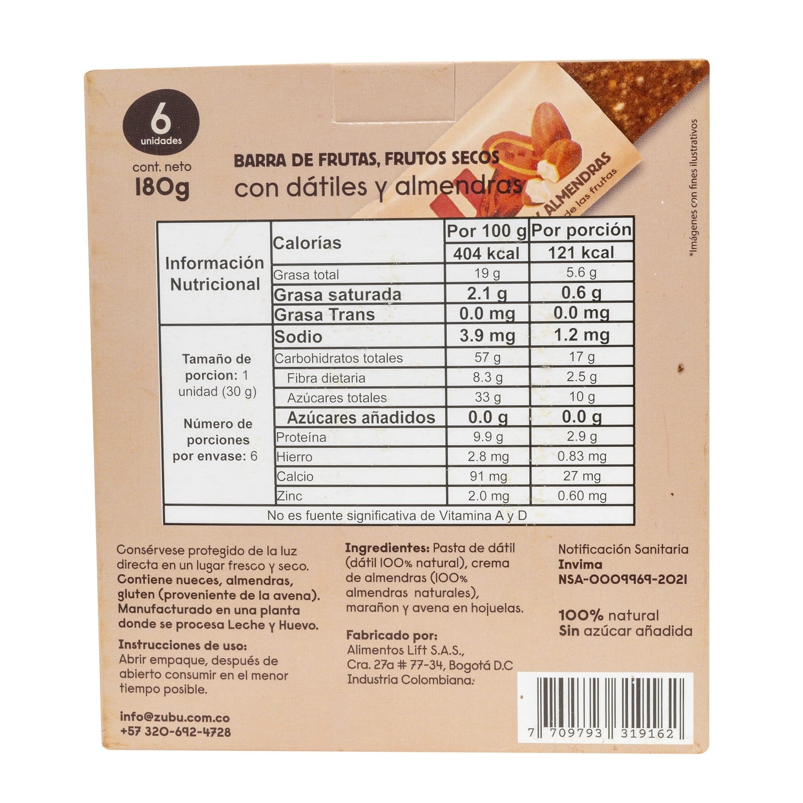 Reverso de una caja de barritas de frutas y frutos secos "con arveja, chocolate 70% y coco" con información nutricional, ingredientes como chocolate 70% y coco, datos del fabricante y descripción del producto en español.