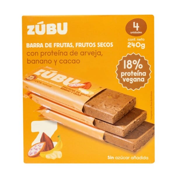 Barritas Zúbu con arveja, chocolate 70% y coco en envase naranja; 4 barritas, 240 g en total, 18% de proteínas veganas, sin azúcares añadidos.