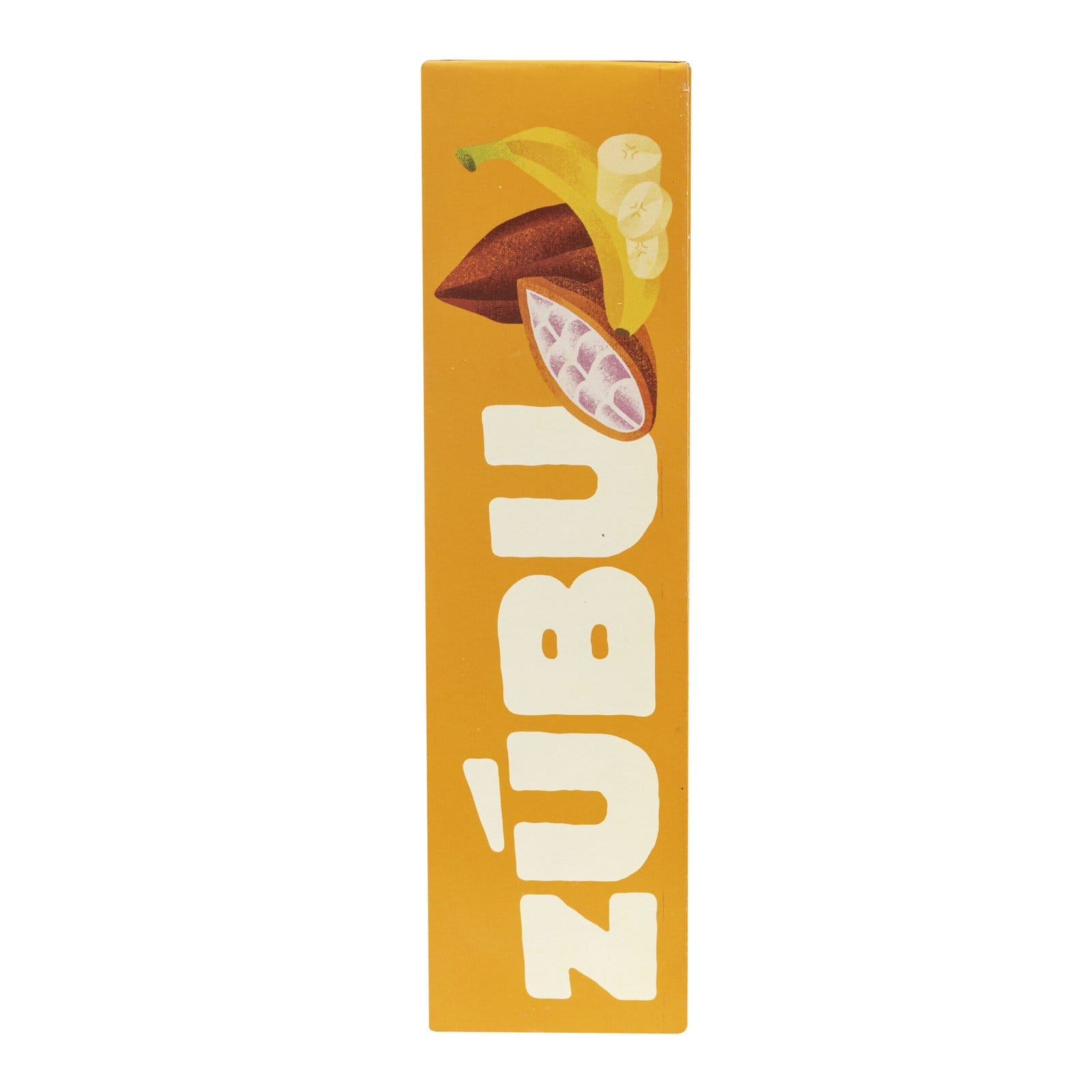 Un envase rectangular amarillo etiquetado "con arveja, chocolate 70% y coco" muestra imágenes de guisantes, chocolate negro y un toque de coco en la parte delantera.