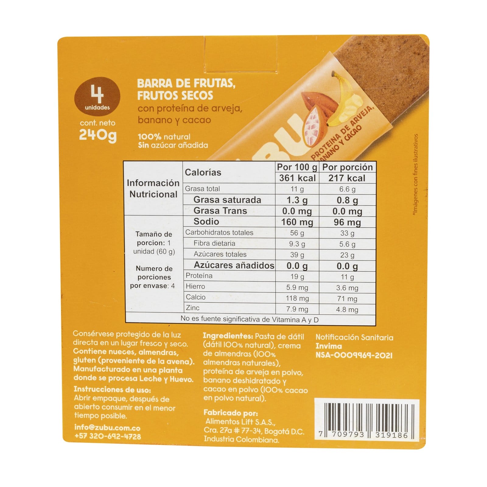 Reverso de una caja de barritas "con arveja, chocolate 70% y coco" con información nutricional, ingredientes como arveja y coco, tamaño de la ración, información del fabricante y una imagen parcial de la barrita de chocolate 70% a la derecha.