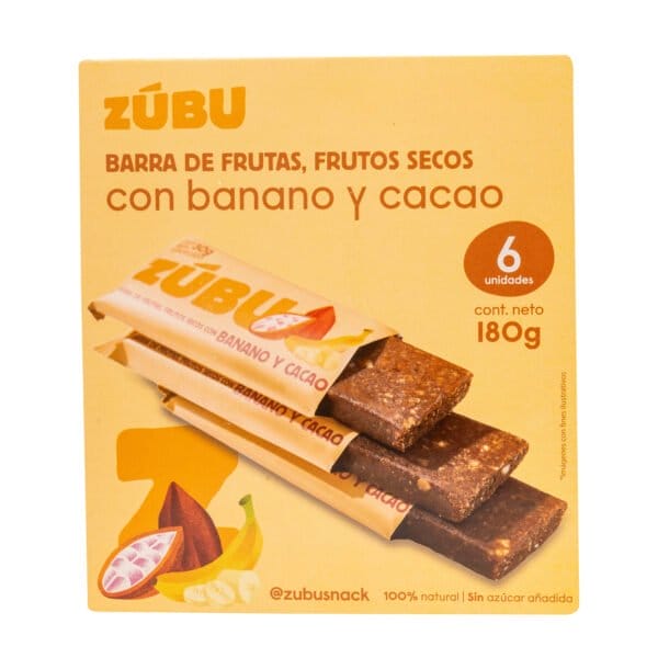 Caja de barritas Zúbu, con arveja, chocolate 70% y coco. La caja muestra tres barritas, imágenes de coco y chocolate, indica 6 unidades (180g), cuenta con ingredientes 100% naturales y sin azúcares añadidos. Contiene chocolate 70%.