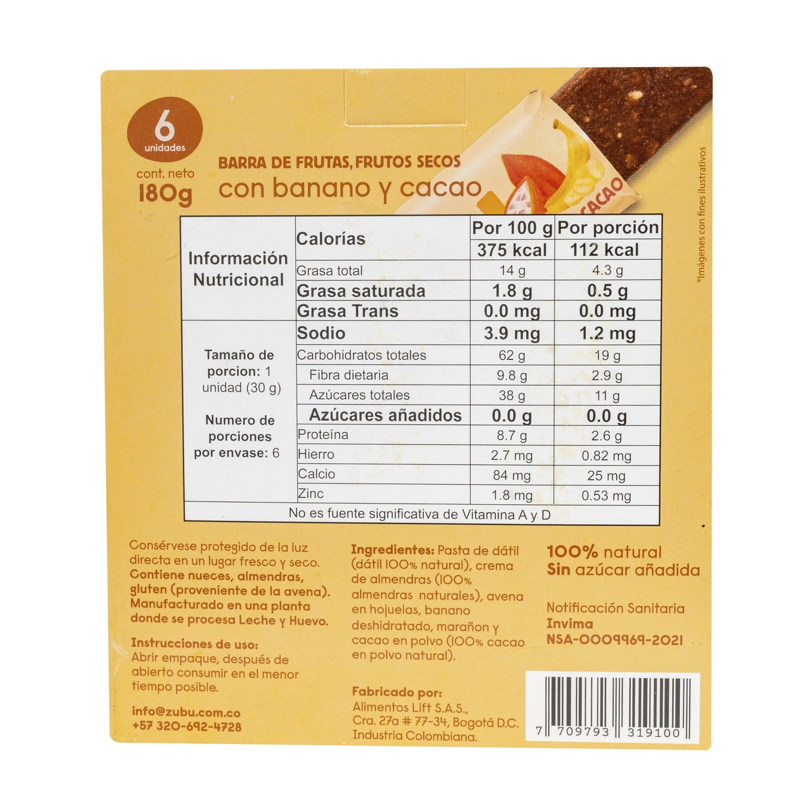 Reverso de la caja de una barrita con información nutricional, ingredientes y datos del producto en español para una barrita de frutas y frutos secos "con arveja, chocolate 70% y coco".