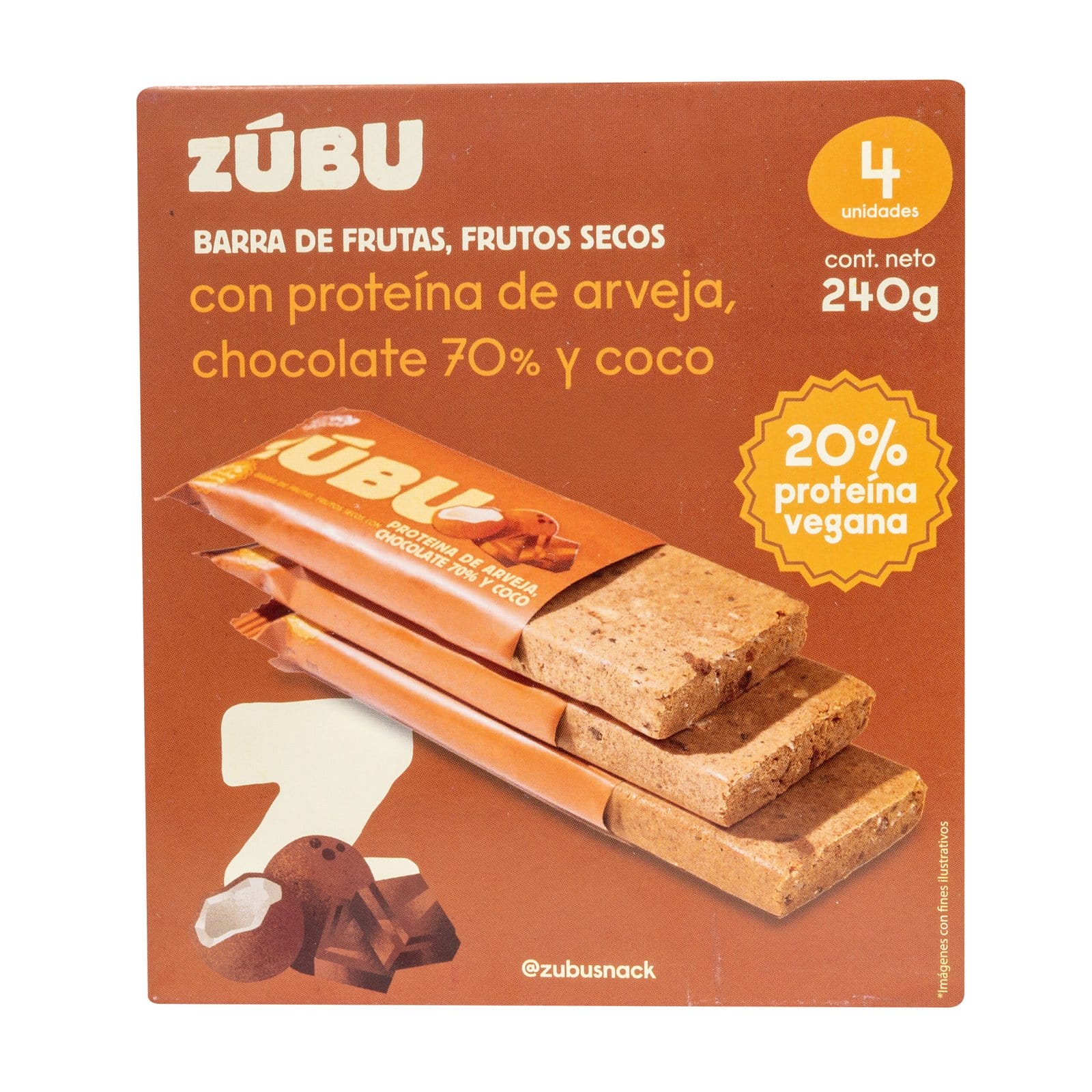 Una caja de barritas Zúbu "con arveja, chocolate 70% y coco" con frutas, frutos secos, 20% de proteína vegana. Contiene 4 barritas (240 g en total).