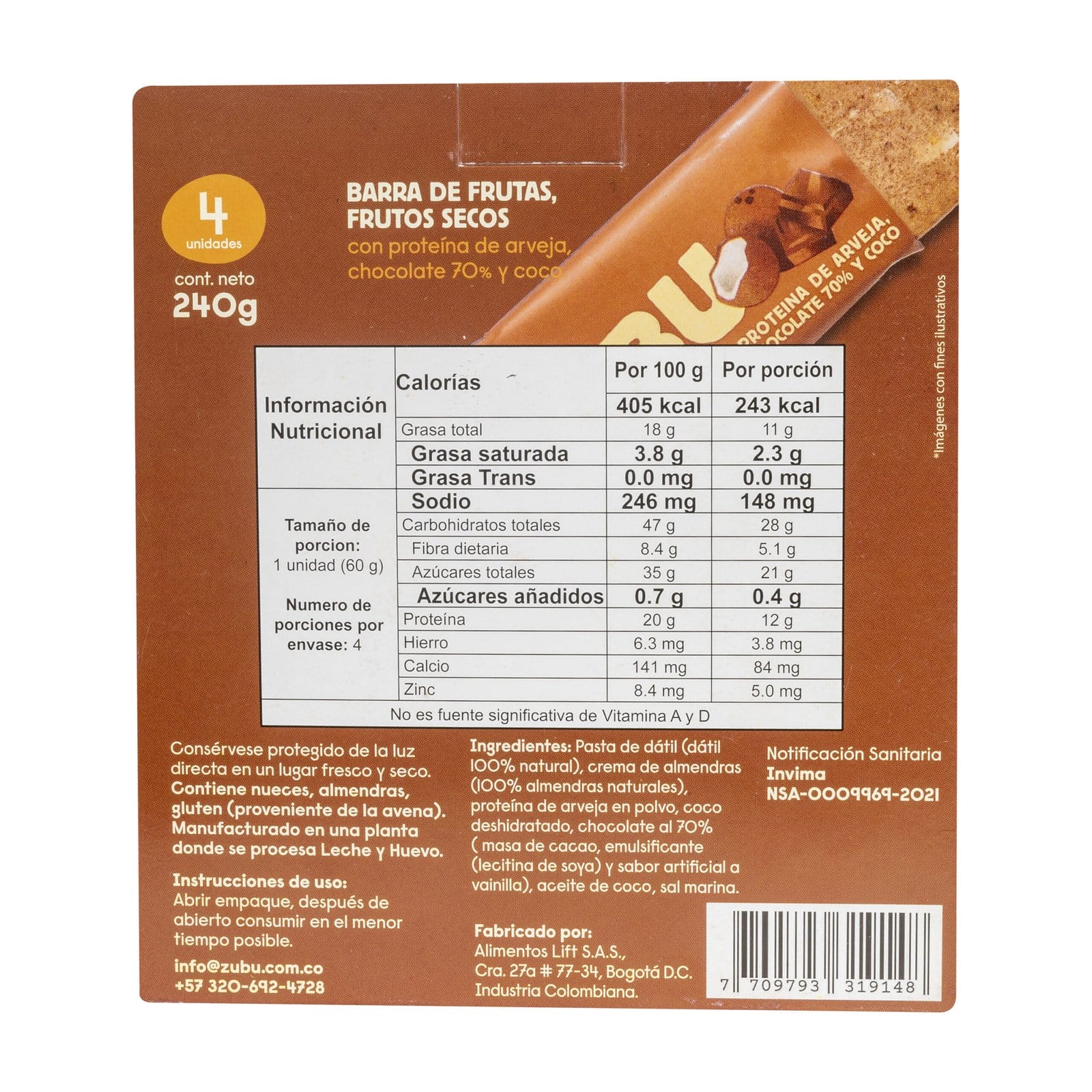 El reverso de la caja de una barrita "con arveja, chocolate 70% y coco" muestra información nutricional, ingredientes como arveja y chocolate 70%, información sobre alergias y datos del fabricante en español.