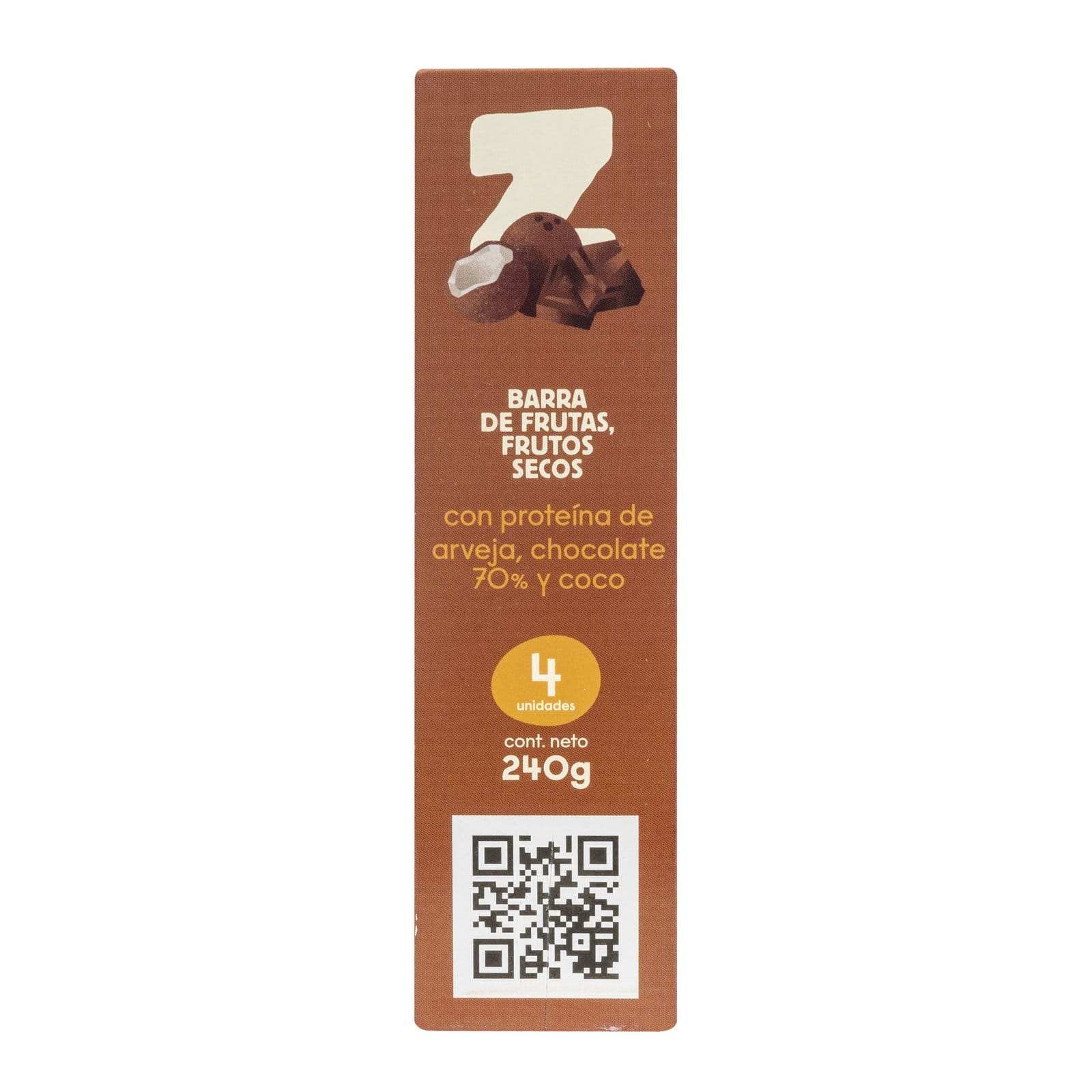 El envase marrón del producto "con arveja, chocolate 70% y coco" muestra una tableta de chocolate, texto en español con los ingredientes (proteína de arveja, chocolate 70%, coco), 4 unidades, peso neto 240 g y un código QR.